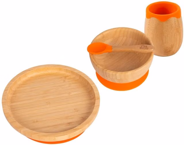 Tiny Dining 4-Piece Round Bamboo and Silicone Suction Baby Feeding Set in Orange