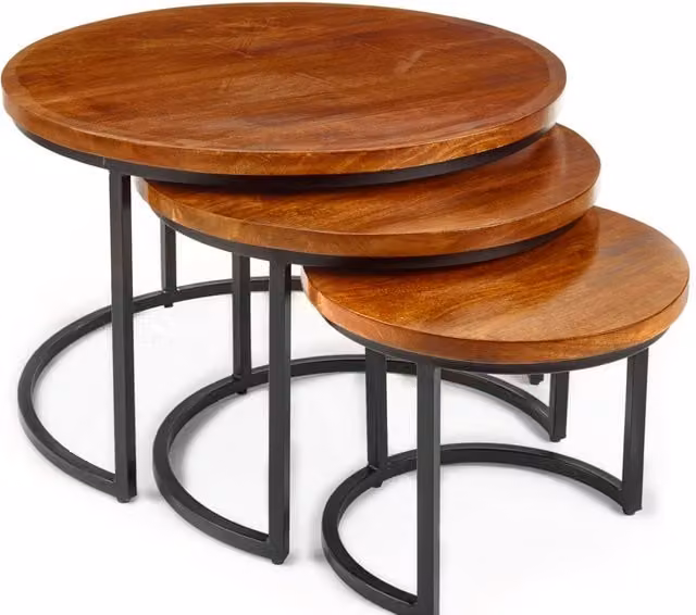 Elm Home And Garden Round Mango Wood Nesting Coffee Tables in Brown
