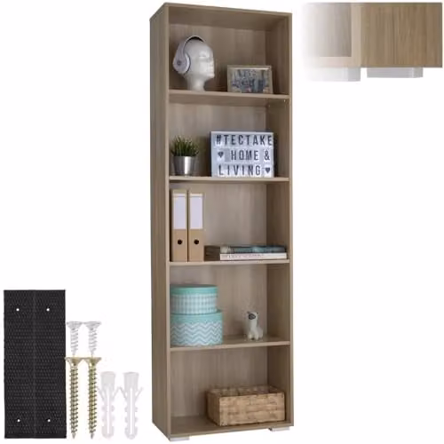 tectake 5-Tier Minimalist Oak Bookcase with Adjustable Shelves, H 190 x W 30 x D 30 cm