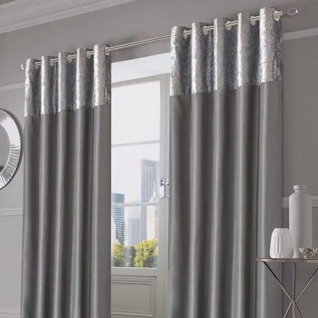 Sienna Pair of Silver Crushed Velvet Eyelet Curtains, Thermal Insulating and Fully Lined, Width: 228 cm