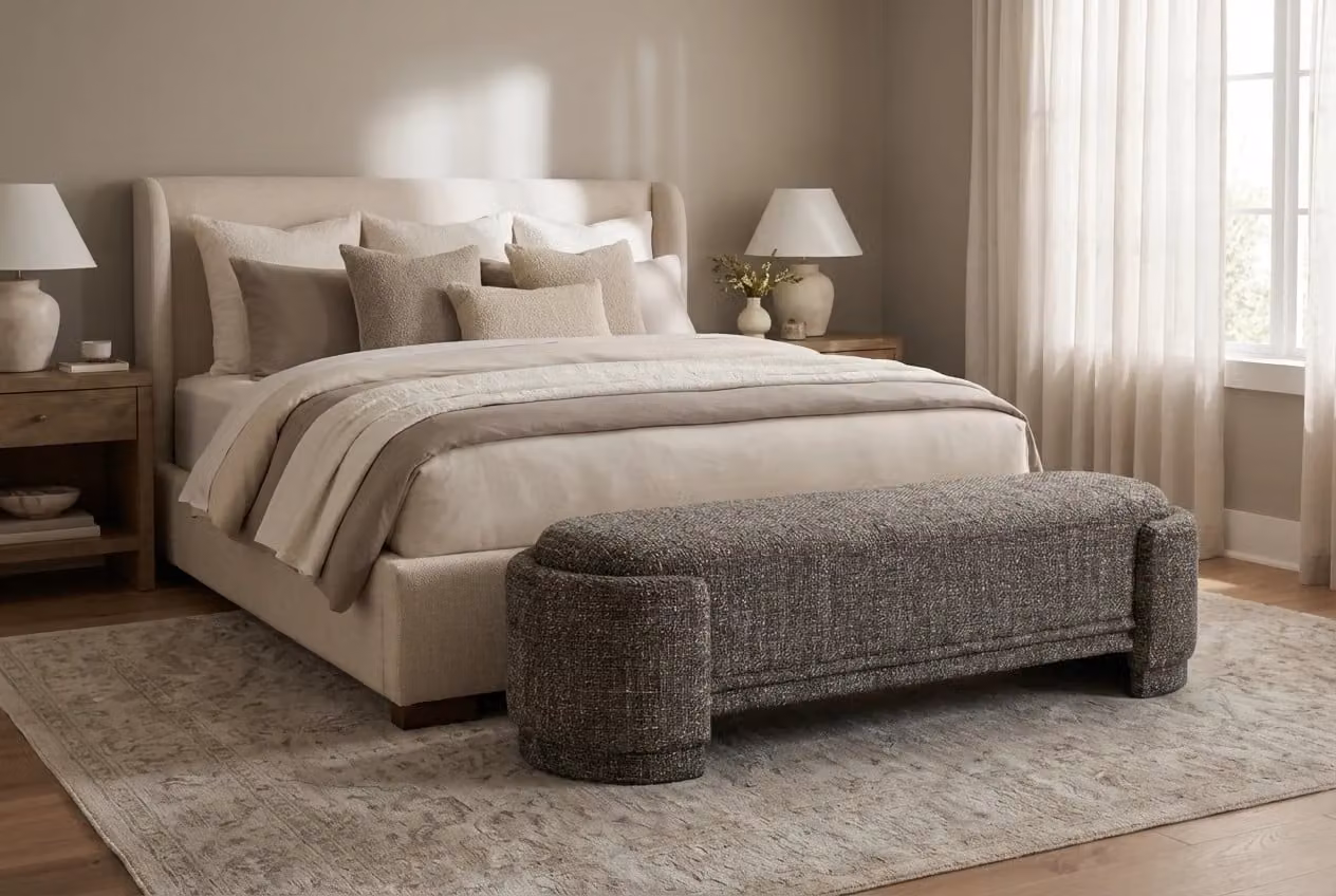 Araco Atelier Luma Bench in Cinder Grey Fabric