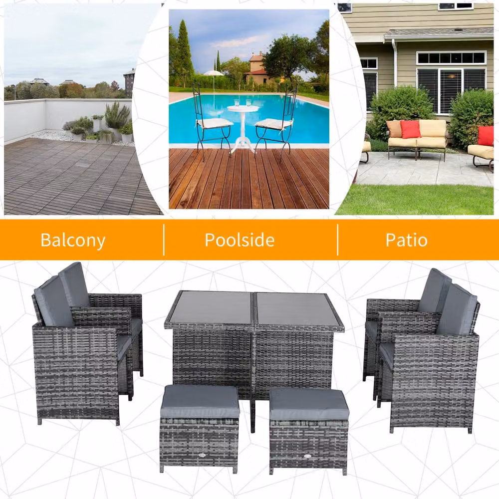 Wyld Haus Noco Grey 9 Piece Rattan Outdoor Dining Set with Square Glass Table – 7