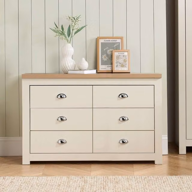 Birlea Modern Beige Bedroom Chest with Drawers and Silver Details
