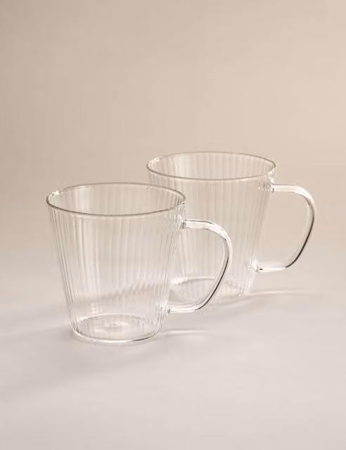 M&S Set of 2 Ribbed Clear Glass Flat White Mugs