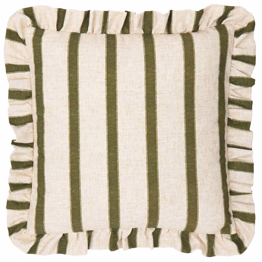 Wyld Haus Connie Square Striped Linen Ruffle Cushion in Green, W x D: 45 x 45 cm – 2