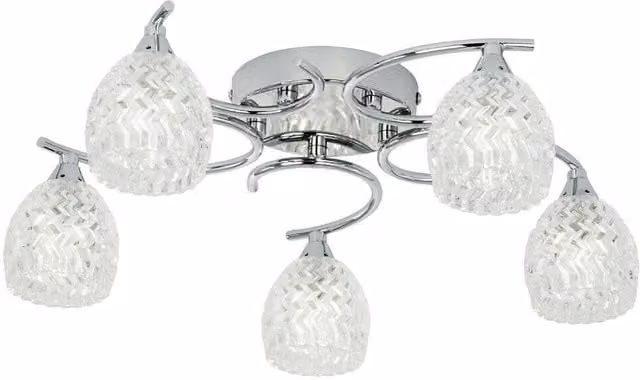 Loops Semi Flush Ceiling Light in Chrome with Transparent Textured Glass for 5 Bulbs