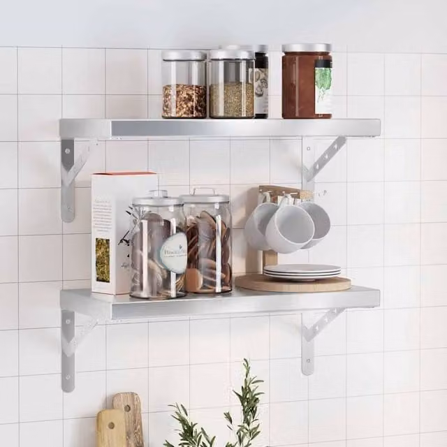 Berkfield Home Set of 2 Silver Stainless Steel Wall Mounted Shelves, W: 50 cm, D: 23.5 cm, H: 3 cm