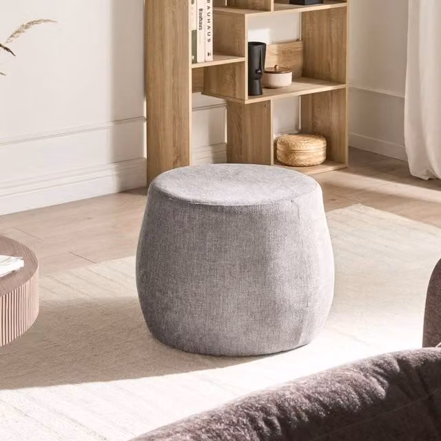 Wyld and Coco Light Grey Round Fabric Pouffe with Eucalyptus Wood Base