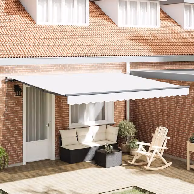 Berkfield Home Manual Retractable Polyester Awning in White, W: 400 cm, D: 350 cm – 1