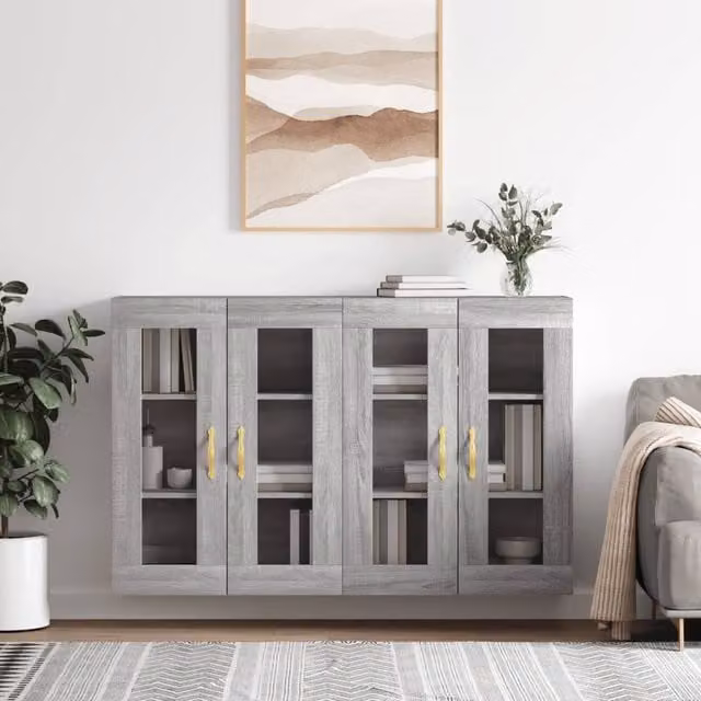 Berkfield Home Set of 2 Wall Mounted Cabinets with Glass Doors in Grey Sonoma Matt Finish – 1