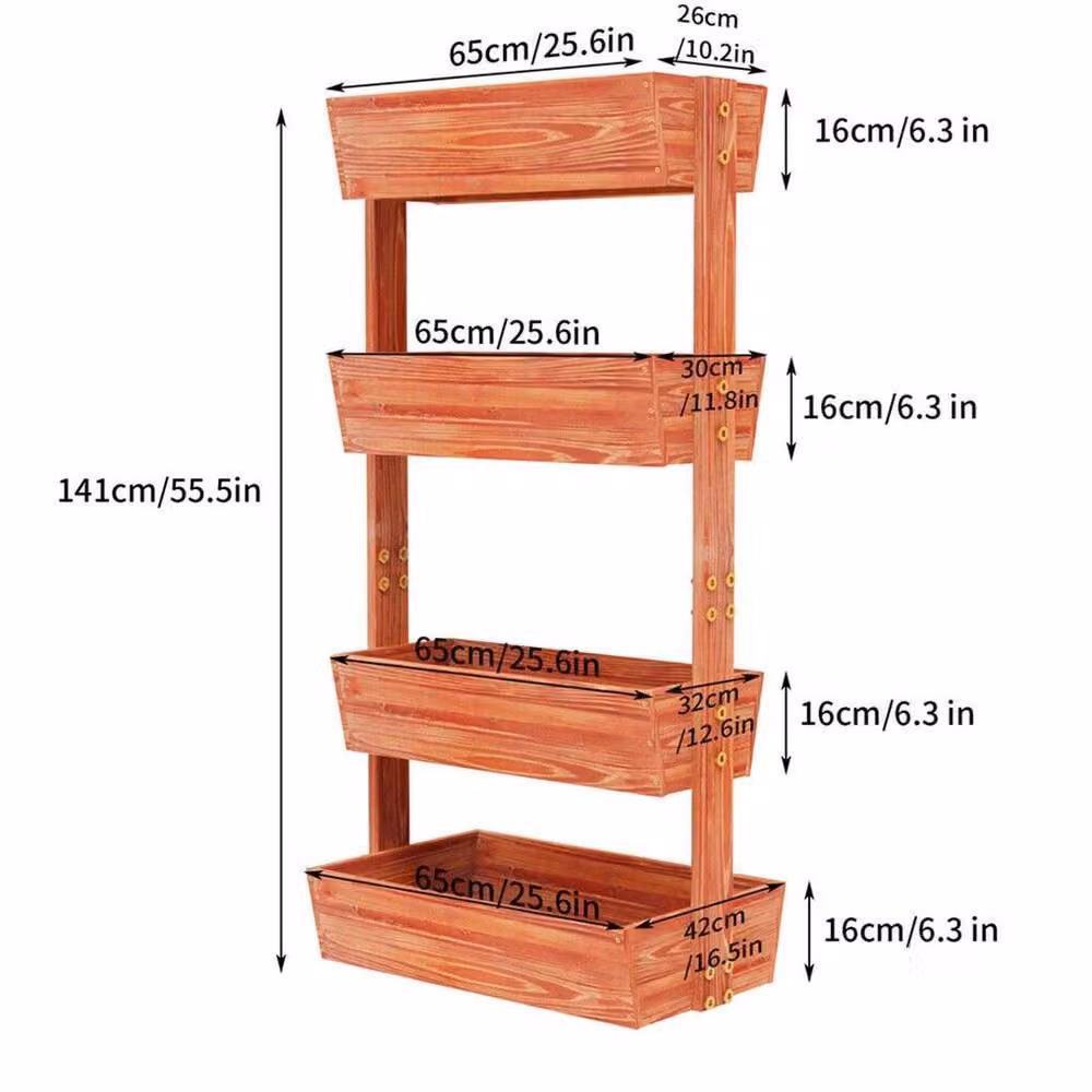 Kelvenix 4-Tier Wooden Raised Garden Bed Vertical Planter Box in Brown, W/D/H: 141 x 65 x 42 cm – 2