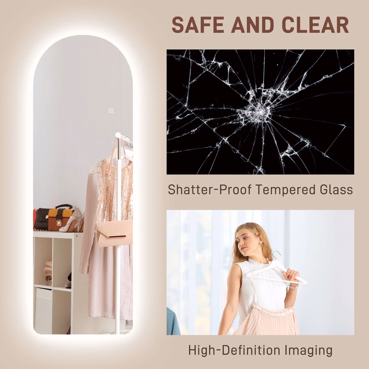 HOMCOM Arched Full Length LED Wall Mirror with Dimmable 3-Colour Lighting, H 120 x W 40 cm – 5