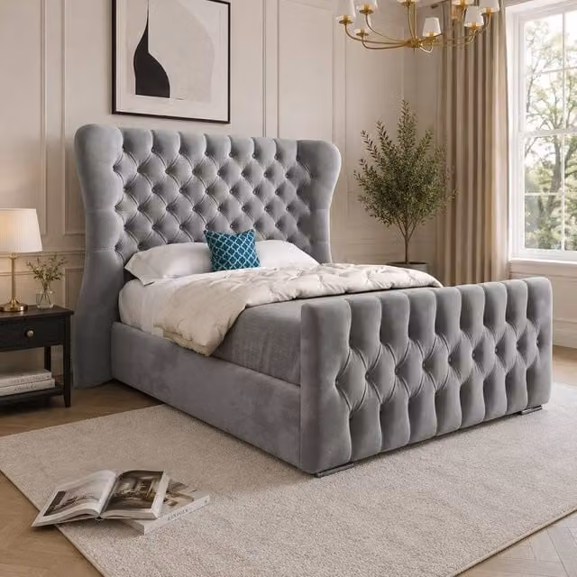 Casani Reedham Super King Upholstered Velvet Designer Bed Frame in Grey, W/D/H: 200 x 189 x 137 cm