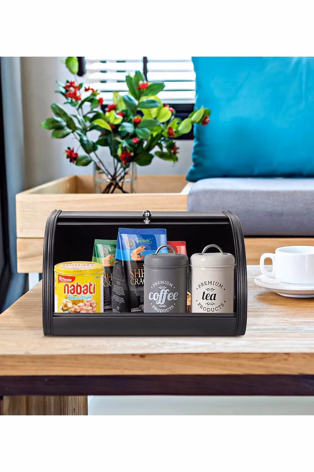 Living and Home Metal Roll Top Bread Container Storage Bin, Black – 4