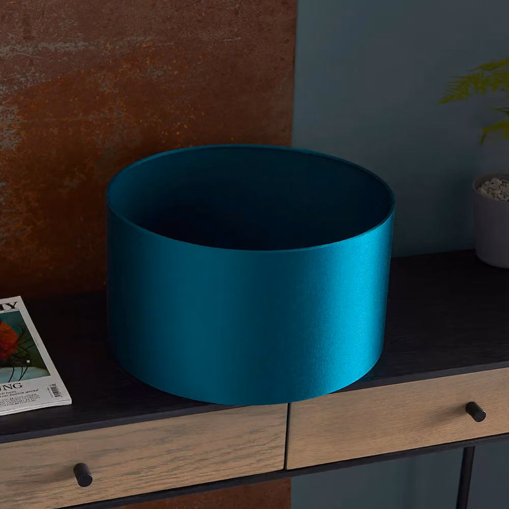 Loops Teal Satin Fabric Cylinder Lamp Shade with Gold/Brass Metal Details, Diameter: 38 cm – 3
