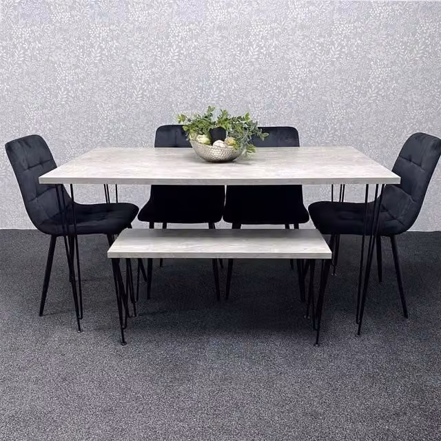 Kosy Koala Black and Grey Stone Effect Wood Dining Set with Table, Bench and Chairs