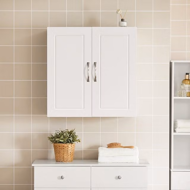 SoBuy Modern White Wall-Mounted Kitchen and Bathroom Storage Cabinet with 2 Hinged Doors and Internal Shelves