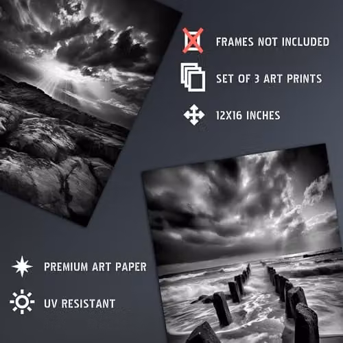 Artery8 Set of 3 Black and White Atmospheric Cloud and Coastal Landscape Unframed Paper Poster Prints – 3