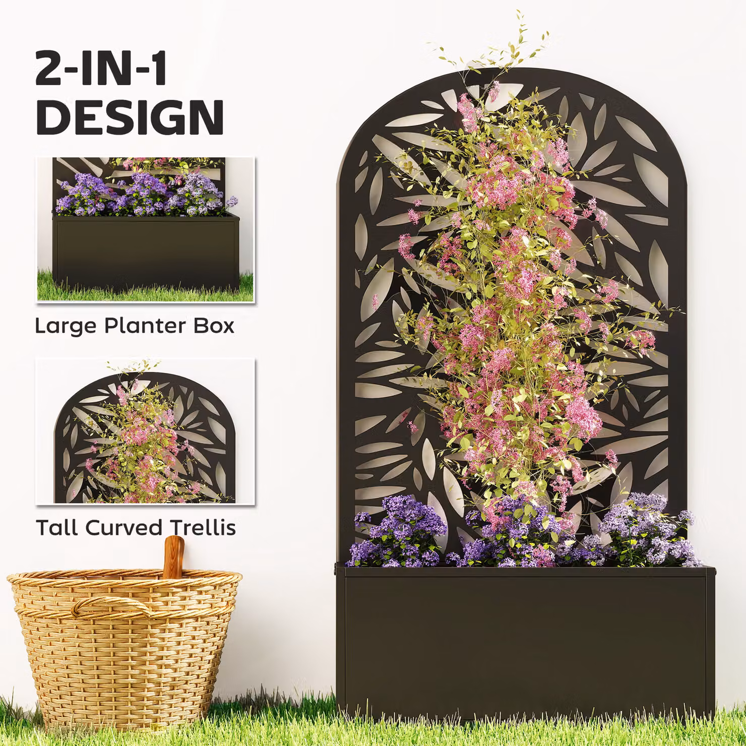 Outsunny Metal Garden Bed with Trellis and Curved Privacy Screen, Black Raised Planter for Ornamental or Vegetable Gardens – 4