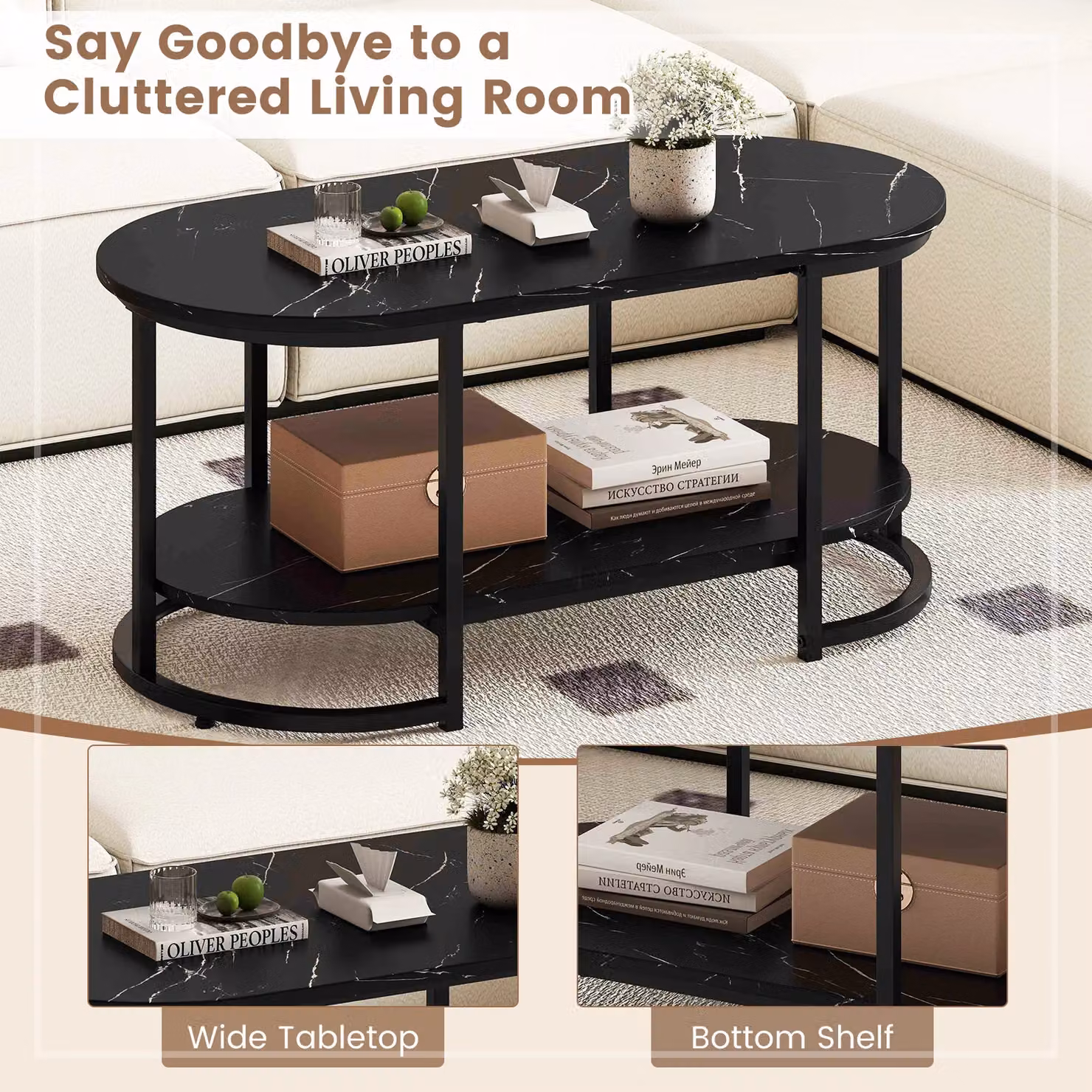Gymax Modern 2-Tier Marble Coffee Table with Geometric Oval Shelf in Black – 8