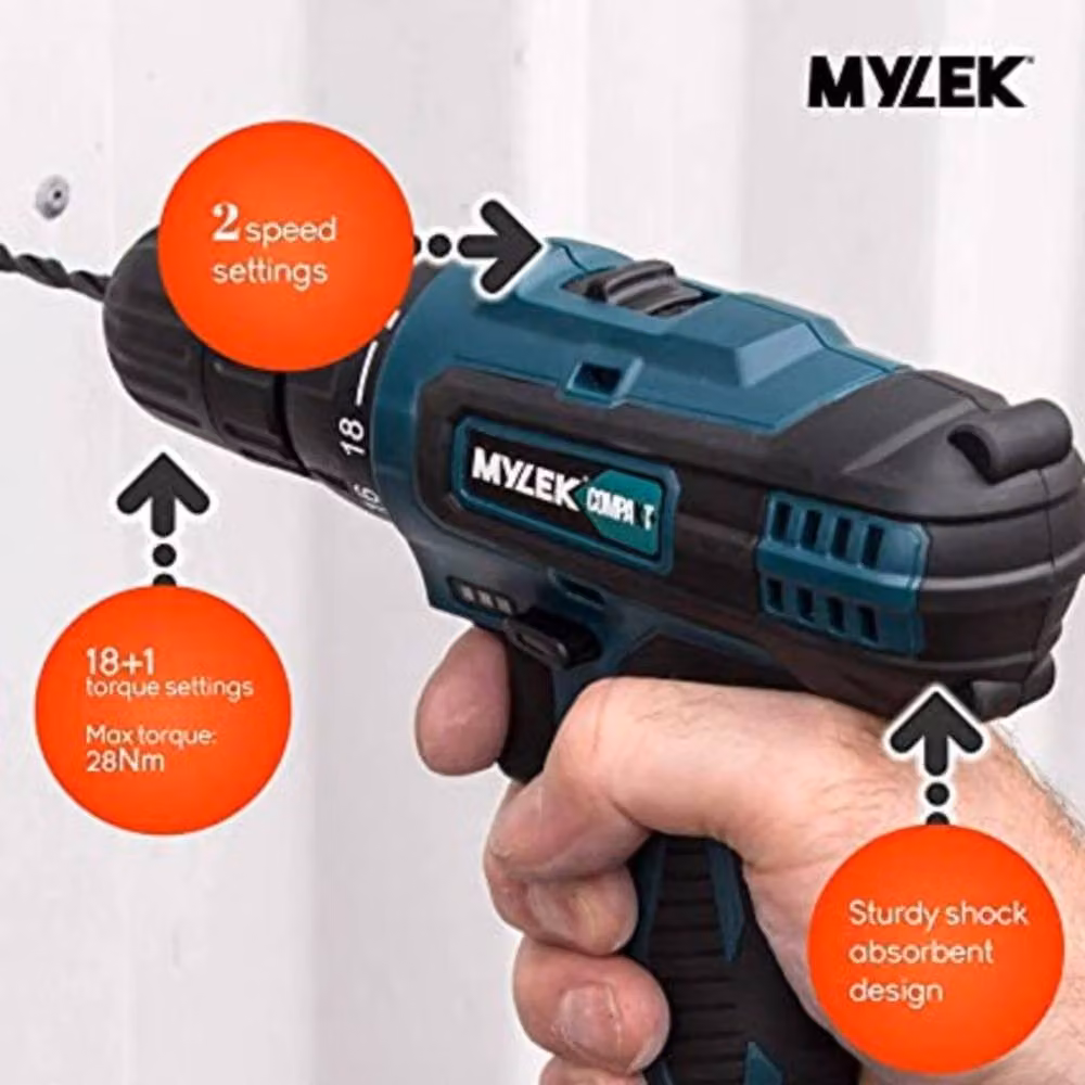 MYLEK 18V Cordless Drill Driver with 131 Piece Accessory Set, Black and Multicolour – 4