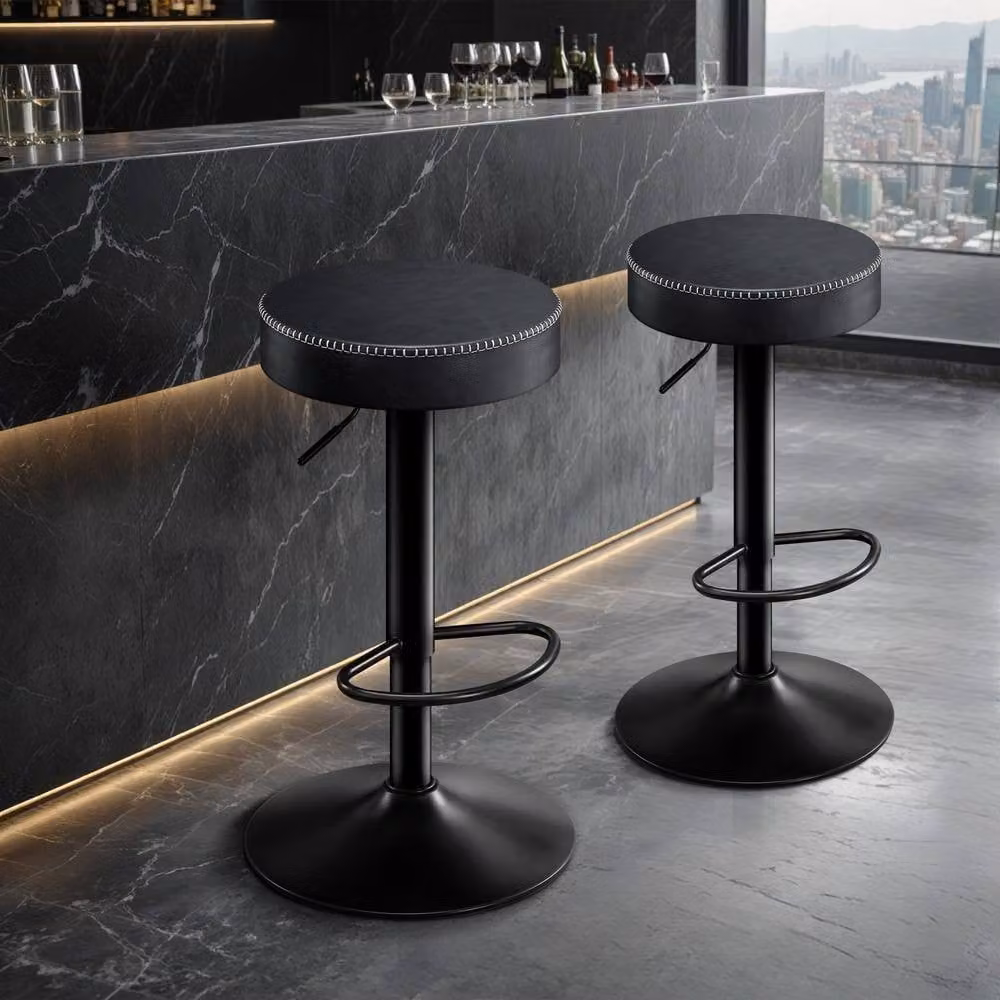 STOOLINK Set of 2 Swivel Bar Stools in Black Synthetic Leather with Metal Frame – 3