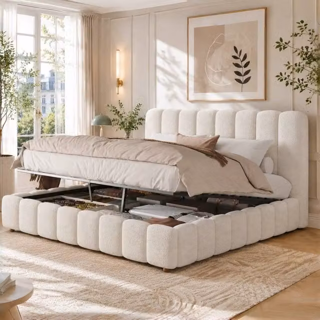 Rolipo King Size Upholstered Ottoman Bed in White Boucle, W/D/H: 150 x 200 cm