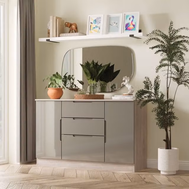 Ready Assembled 2 U Lucca Grey Glossy 2 Door 3 Drawer Sideboard