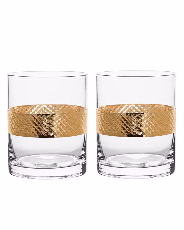 Dibor Set of 2 Geometric Gold Diamond Band Whisky Tumblers, 320ml per glass, Transparent – 2