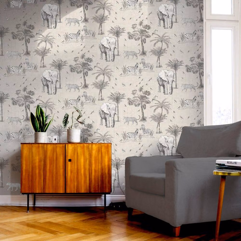 Arthouse Safari Lagoon Animal Print Wallpaper in Grey – 2