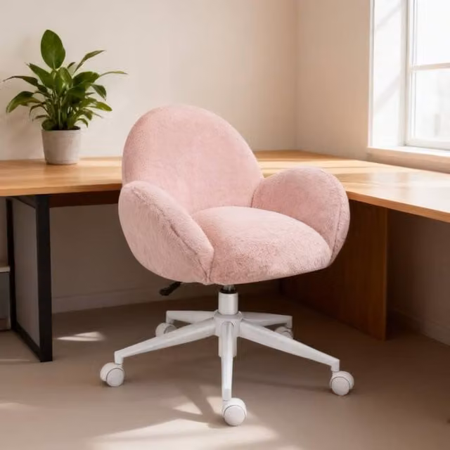 ERGOVEXA Pink Fabric Upholstered Makeup Vanity Task Chair with Swivel and Castors – 1
