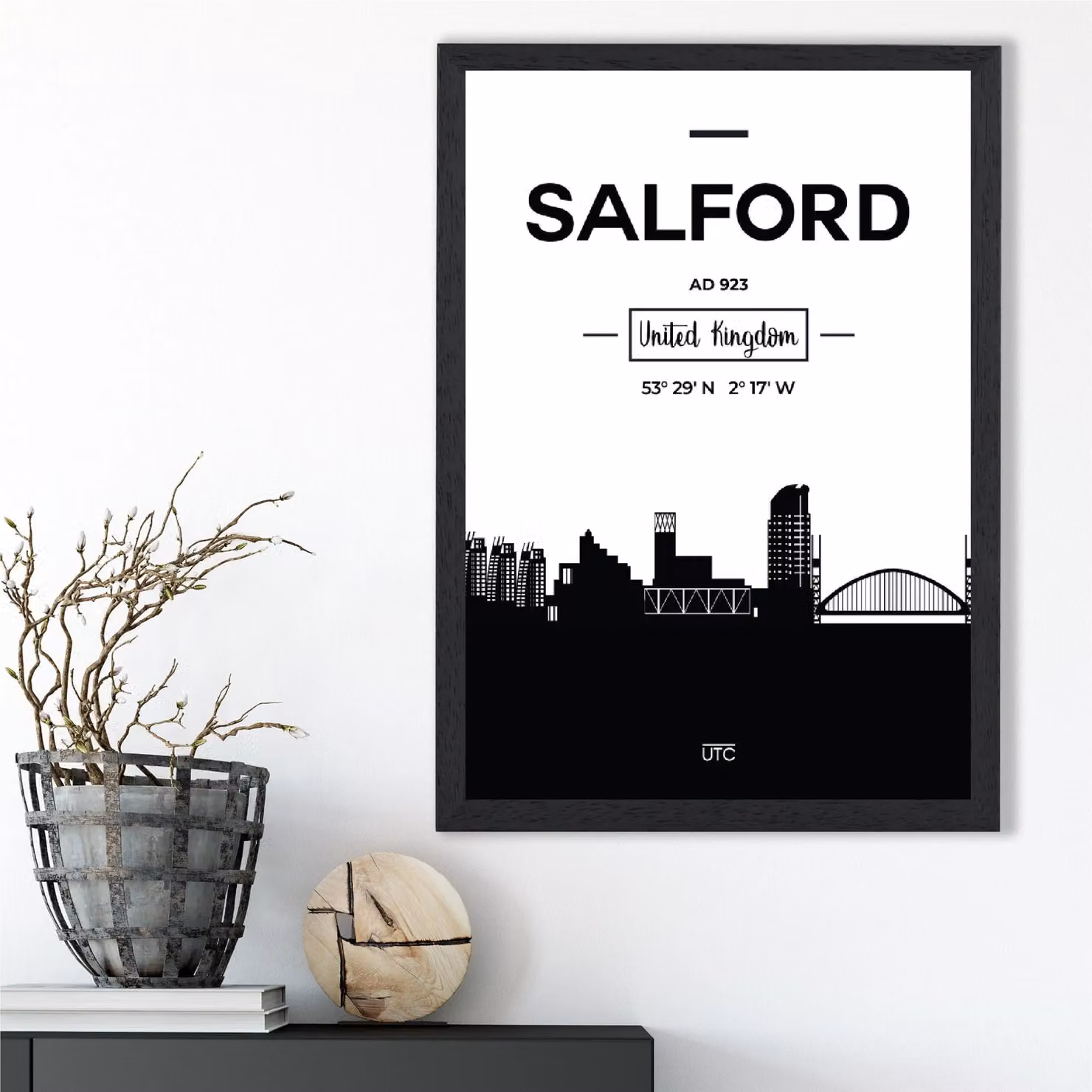 ARTZE Salford Black and White City Skyline Framed Print in Black – 2