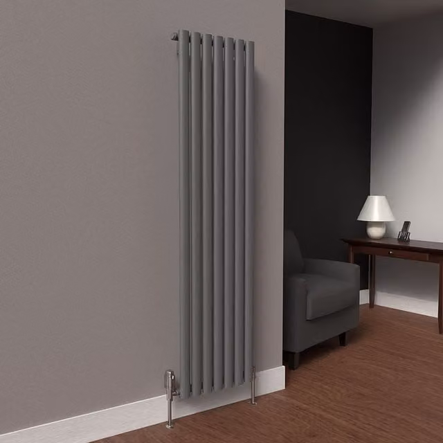 Lux Heat Anthracite Grey Oval Vertical Wall Mounted Radiator, H: 160 cm, W: 42 cm, D: 6.96 cm