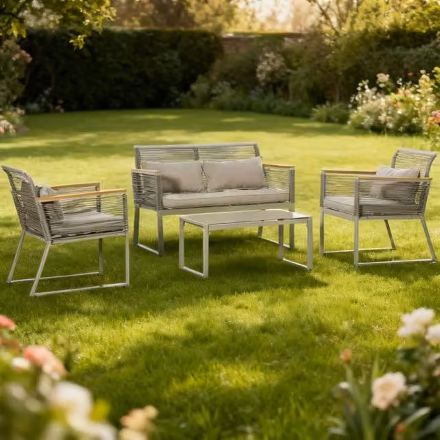 ERGOVEXA 4 Piece Grey Polyrattan Garden Furniture Set with Upholstered Cushions and Metal Frame