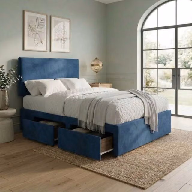 Bed Time UK Blue Velvet Upholstered Divan Bed with 2 Drawers and Hybrid Mattress, W/D/H: 140 x 200 cm