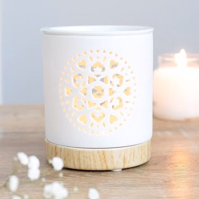 Uniqueful White Mandala Cut Out Ceramic Oil Burner with Floral Design
