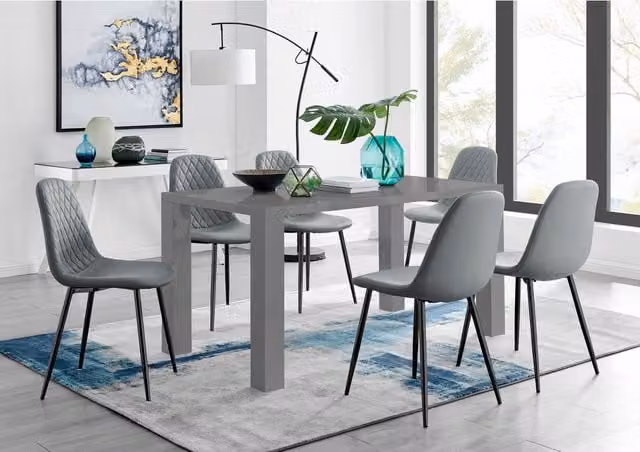 FurnitureboxUK Pivero Grey Rectangular Dining Table with 6 Corona Black Leg Chairs