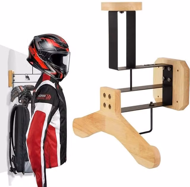 FLAVORA Wall-Mounted Motorcycle Helmet Holder and Clothing Shelf in Brown and Sand with Wood and Stainless Steel Construction, Width: 50 cm