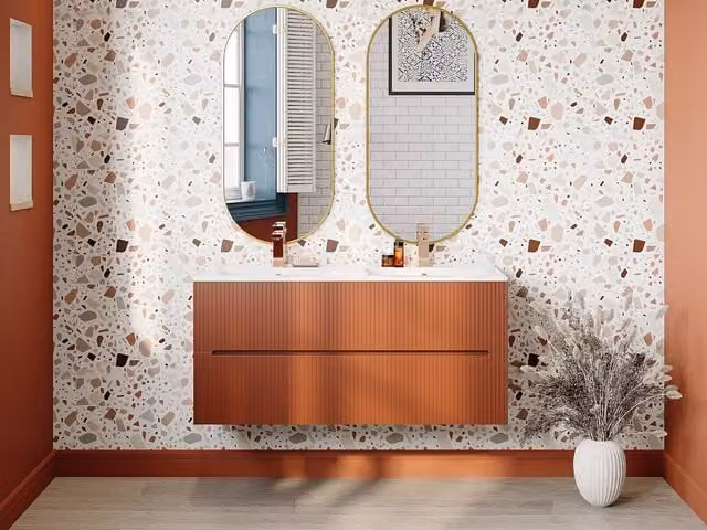 Vente-unique Wall-Hung Bathroom Vanity Unit with Inset Ceramic Basin in Ribbed Terracotta, W: 120 cm, D: 45.5 cm, H: 55 cm – 1