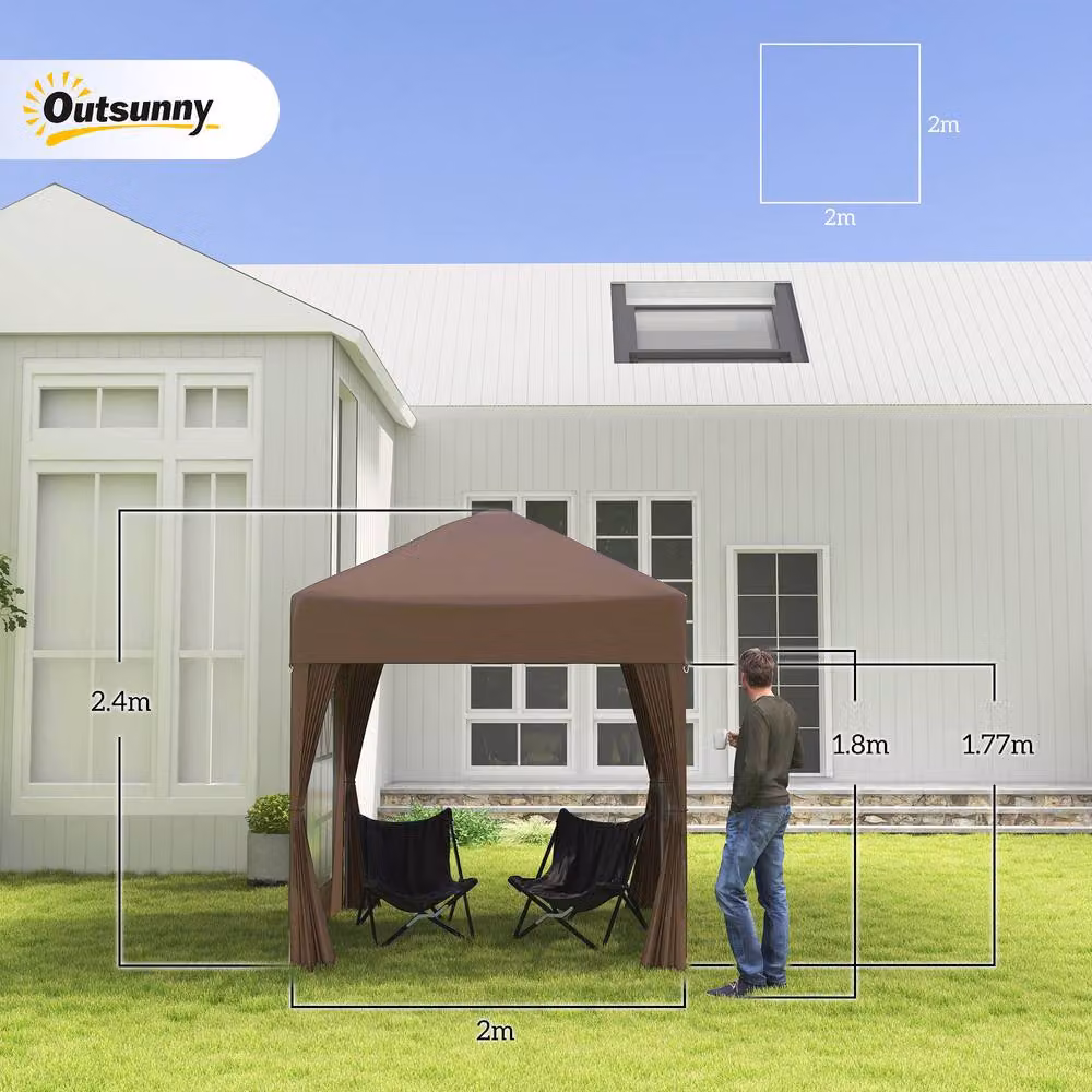 Outsunny Brown Pop Up Gazebo with Windows and Steel Frame, W/D/H: 200 x 200 x 240 cm – 4