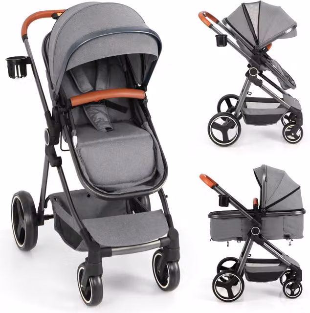 Costway Convertible Grey Baby Stroller with Rotating Seat, Cup Holder and Swivel Wheels