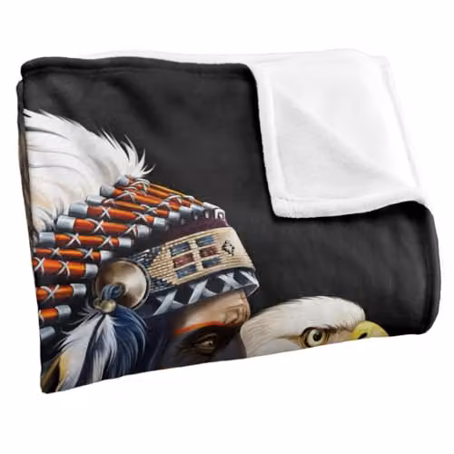 JQ Licensing Native American Wolf and Eagle Silky Touch Super Soft Fleece Throw Blanket, White and Multicolour, W: 152 cm, D: 127 cm – 2