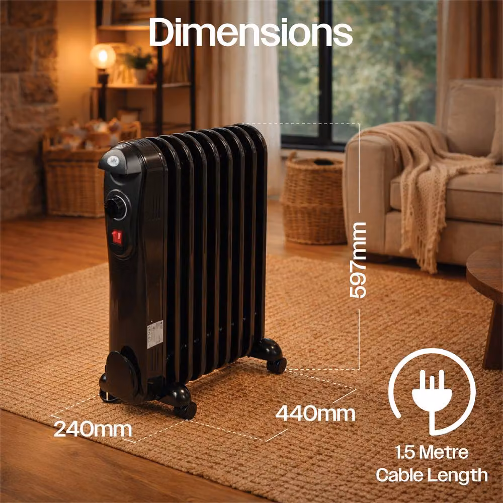 Prem-i-Air 2kW 9-Fin Portable Oil Filled Radiator Heater in Black with Adjustable Thermostat and Safety Cut-Off – 2