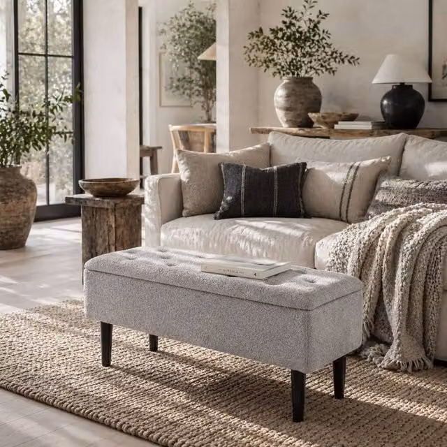 Wyld Haus Vemovi Grey Fabric Storage Ottoman Bench with Wooden Legs