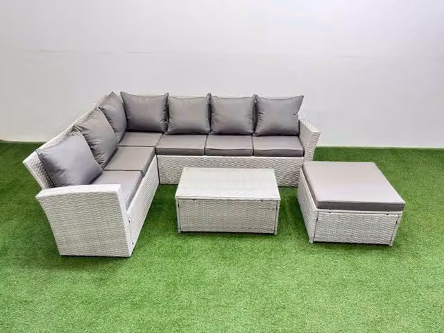 Fimous 7 Seater Rattan Garden Furniture Set with Oblong Coffee Table in Light Grey
