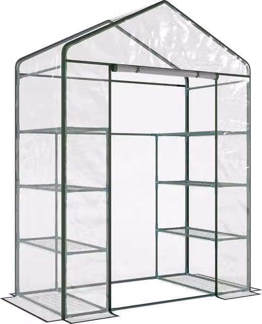 Outsunny Portable Walk In Greenhouse with 8 Shelves and Metal Frame, Transparent, W: 73 cm, H: 195 cm