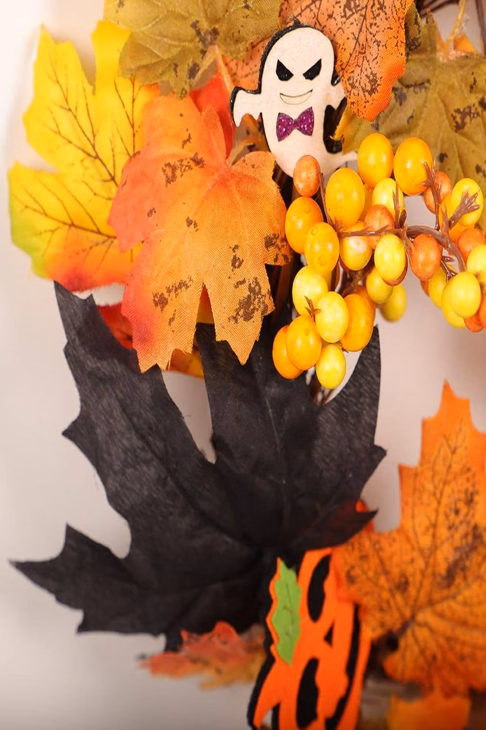 Garden Sanctuary Orange Halloween Decoration Wreath with LED Lights and Floral Leaves – 8