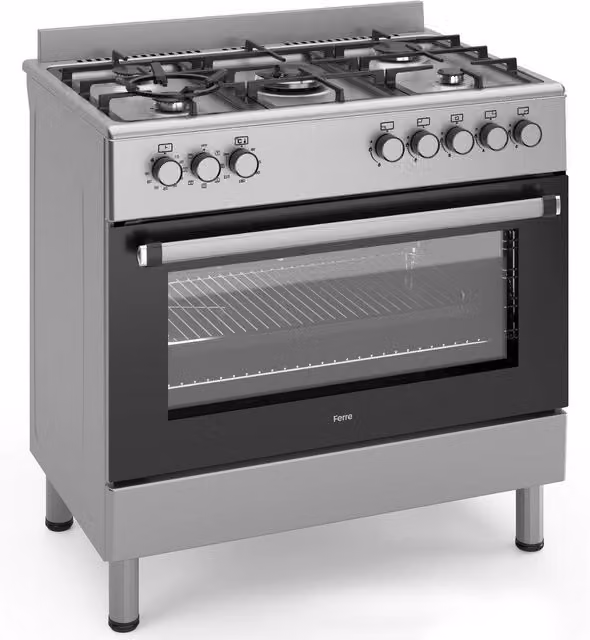 Ferre 90cm Dual Fuel Range Cooker in Stainless Steel with 5 Burners and Double Turbo Fan