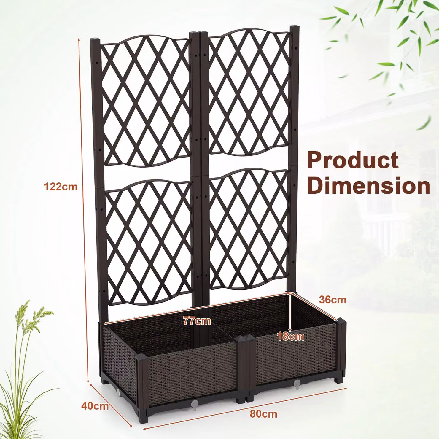 Costway Double Box Raised Garden Bed Planter with Trellis and Drainage Holes, Brown, W: 122 cm, D: 80 cm, H: 40 cm – 2