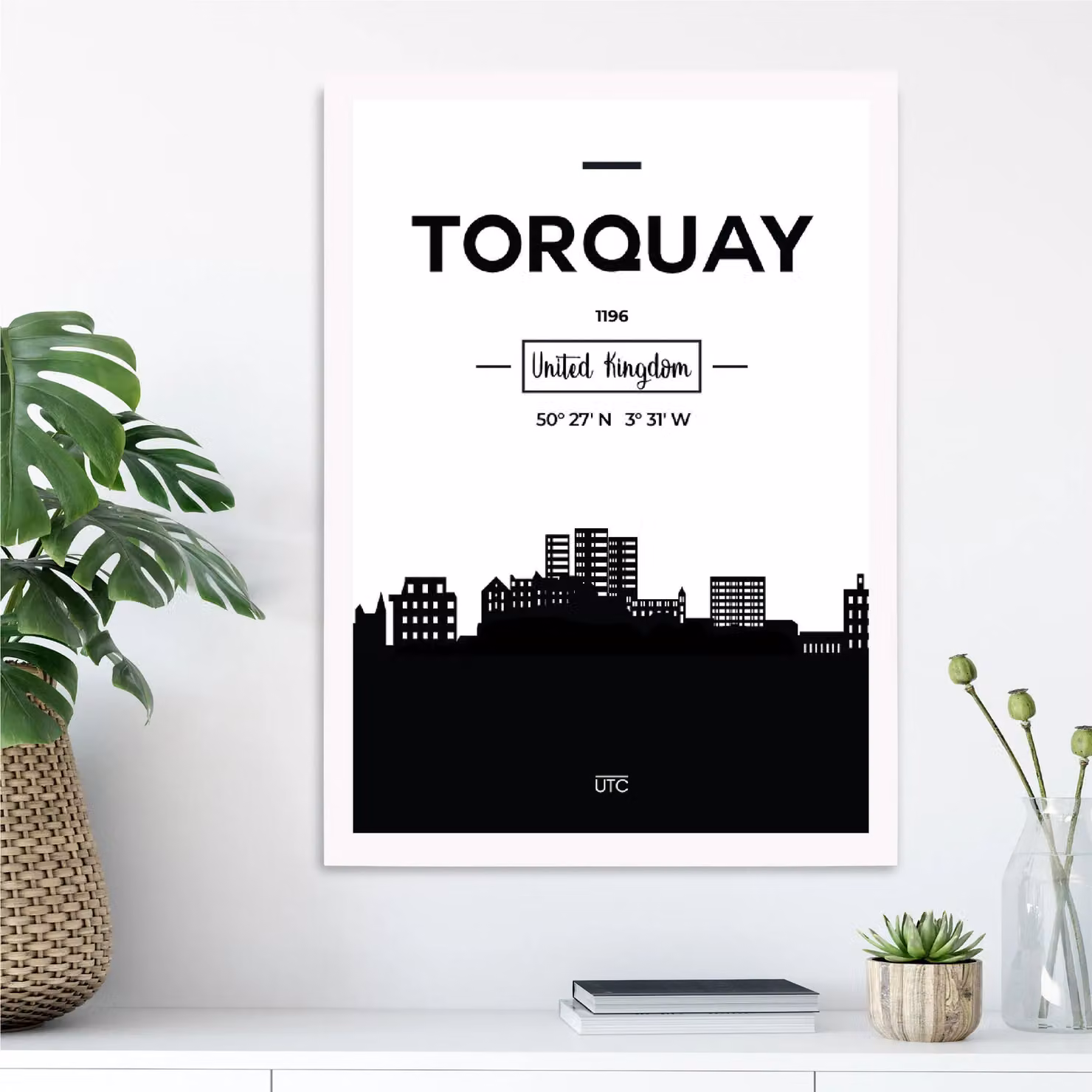 ARTZE Torquay Black and White City Skyline Framed Photograph in White Frame – 2